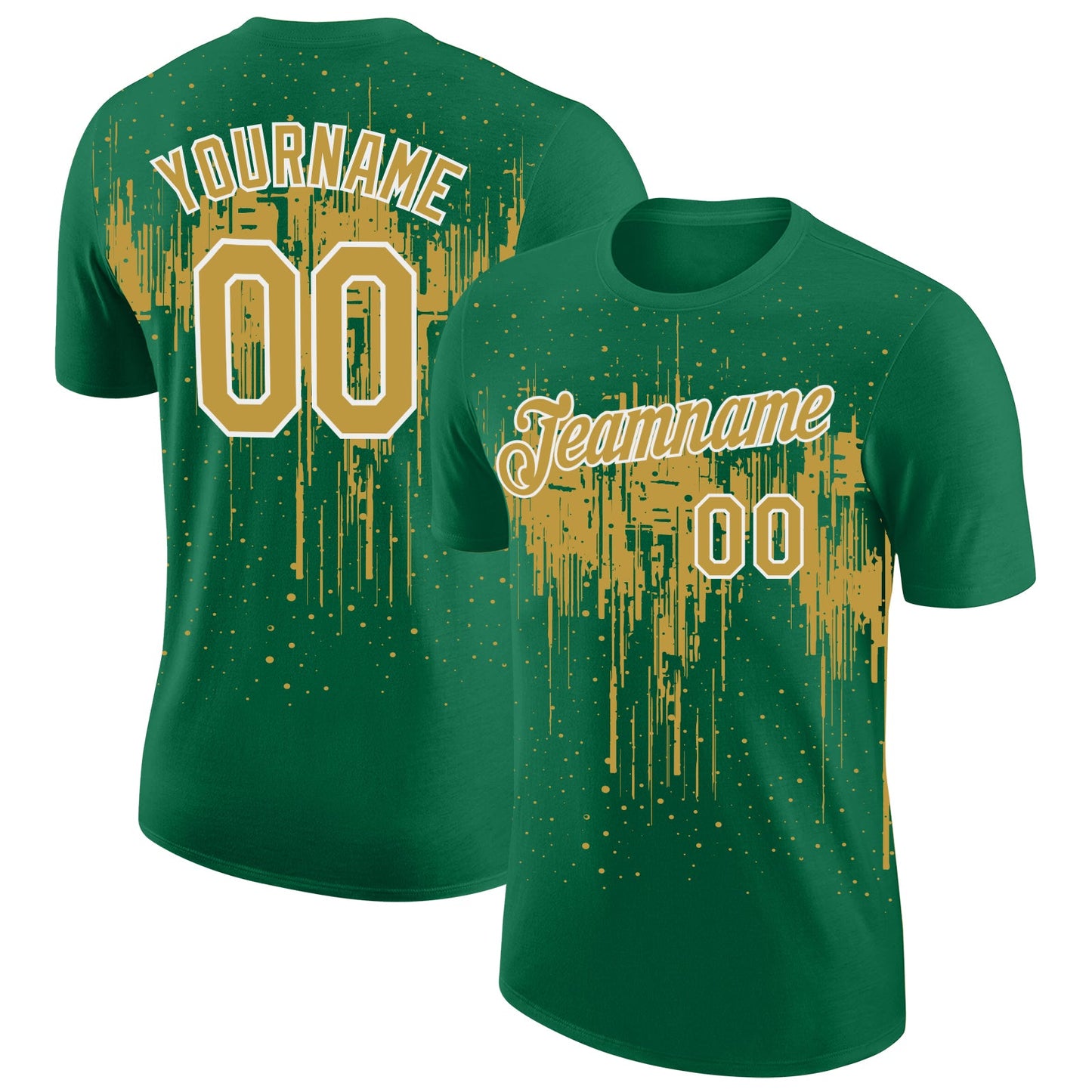 Custom Kelly Green Old Gold-White Dripping Splatter Paint Performance T-Shirt - Main View