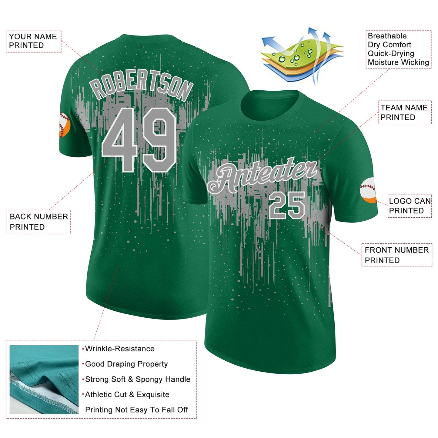 Custom Kelly Green Gray-White Dripping Splatter Paint Performance T-Shirt view 2