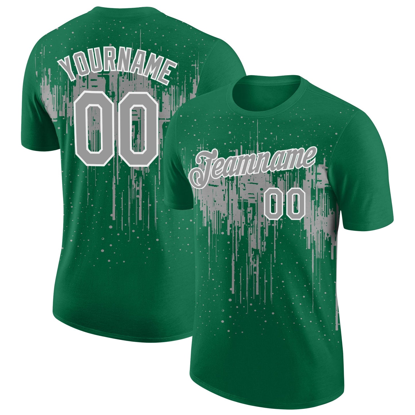 Custom Kelly Green Gray-White Dripping Splatter Paint Performance T-Shirt - Main View