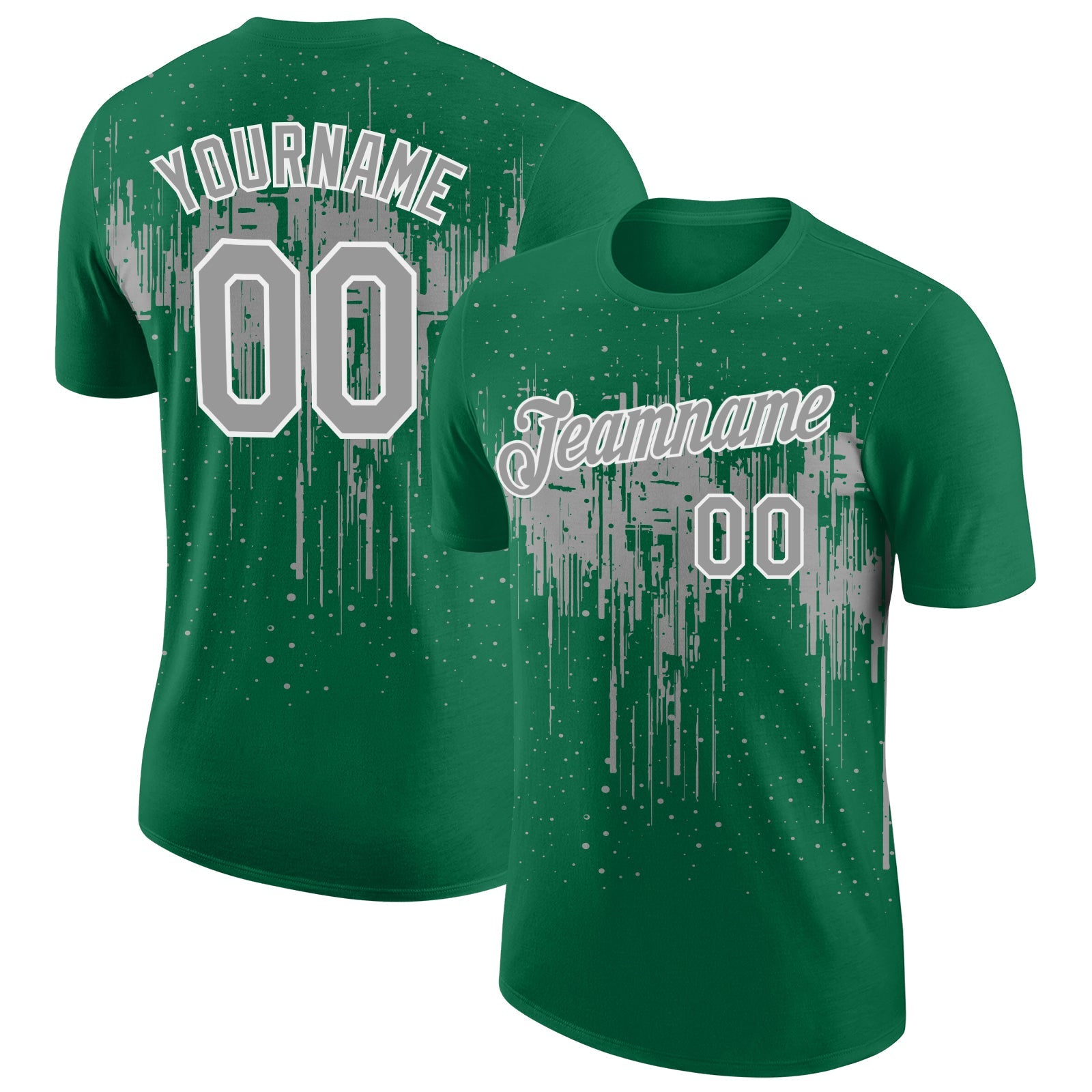 Custom Kelly Green Gray-White Dripping Splatter Paint Performance T-Shirt - Main View