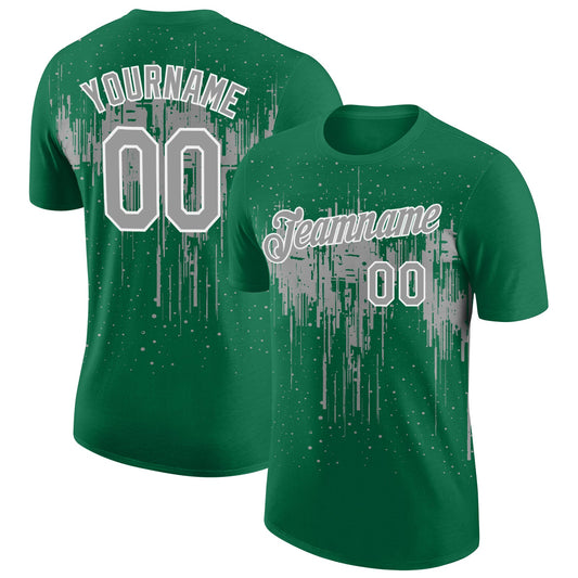 Custom Kelly Green Gray-White Dripping Splatter Paint Performance T-Shirt - Main View