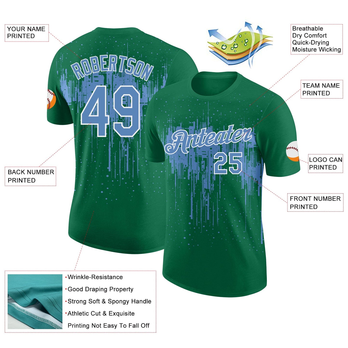 Custom Kelly Green Light Blue-White Dripping Splatter Paint Performance T-Shirt view 2