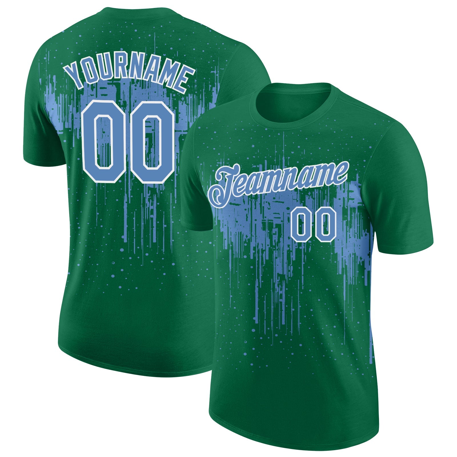 Custom Kelly Green Light Blue-White Dripping Splatter Paint Performance T-Shirt - Main View
