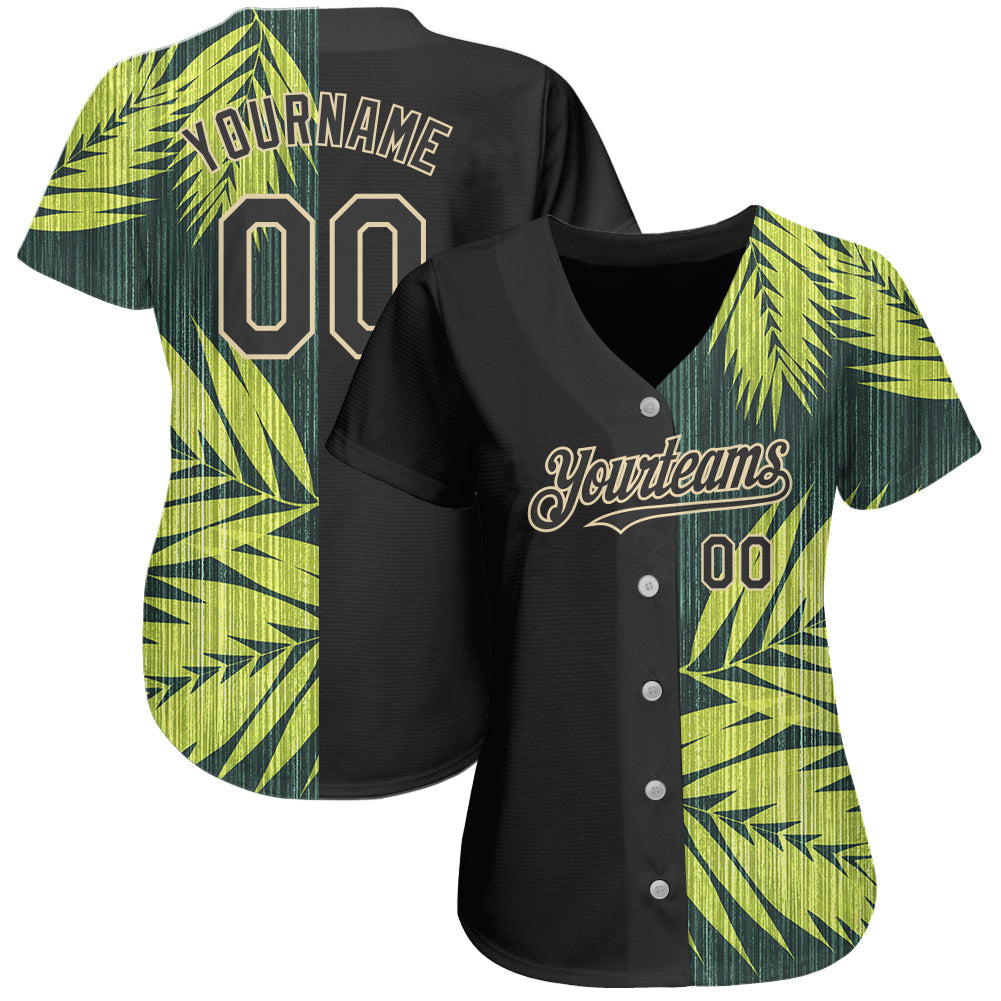 Custom Black City Cream 3D Pattern Design Hawaii Tropical Palm Leaves Authentic Baseball Jersey view 2