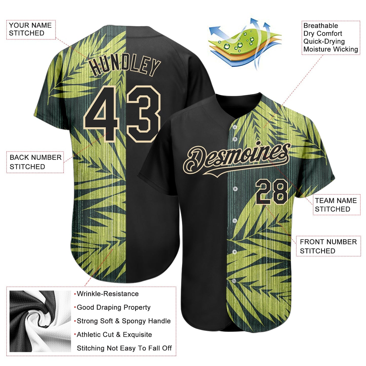 Custom Black City Cream 3D Pattern Design Hawaii Tropical Palm Leaves Authentic Baseball Jersey view 3