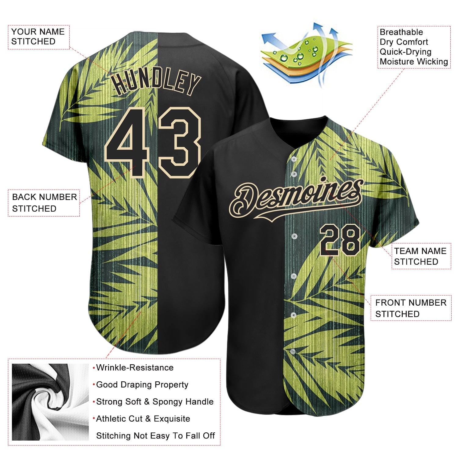 Custom Black City Cream 3D Pattern Design Hawaii Tropical Palm Leaves Authentic Baseball Jersey view 3