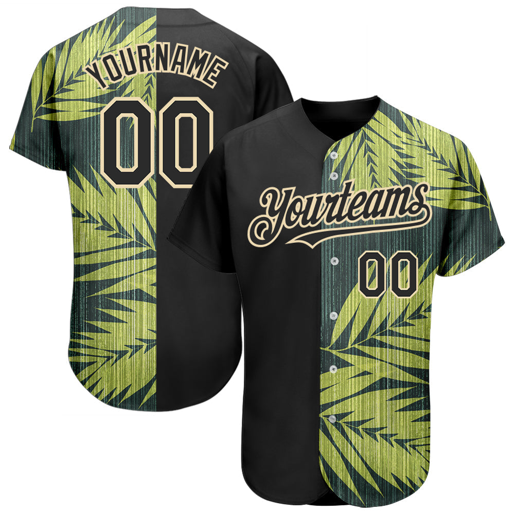 Custom Black City Cream 3D Pattern Design Hawaii Tropical Palm Leaves Authentic Baseball Jersey - Main View