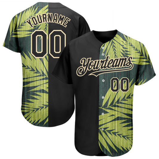 Custom Black City Cream 3D Pattern Design Hawaii Tropical Palm Leaves Authentic Baseball Jersey - Main View