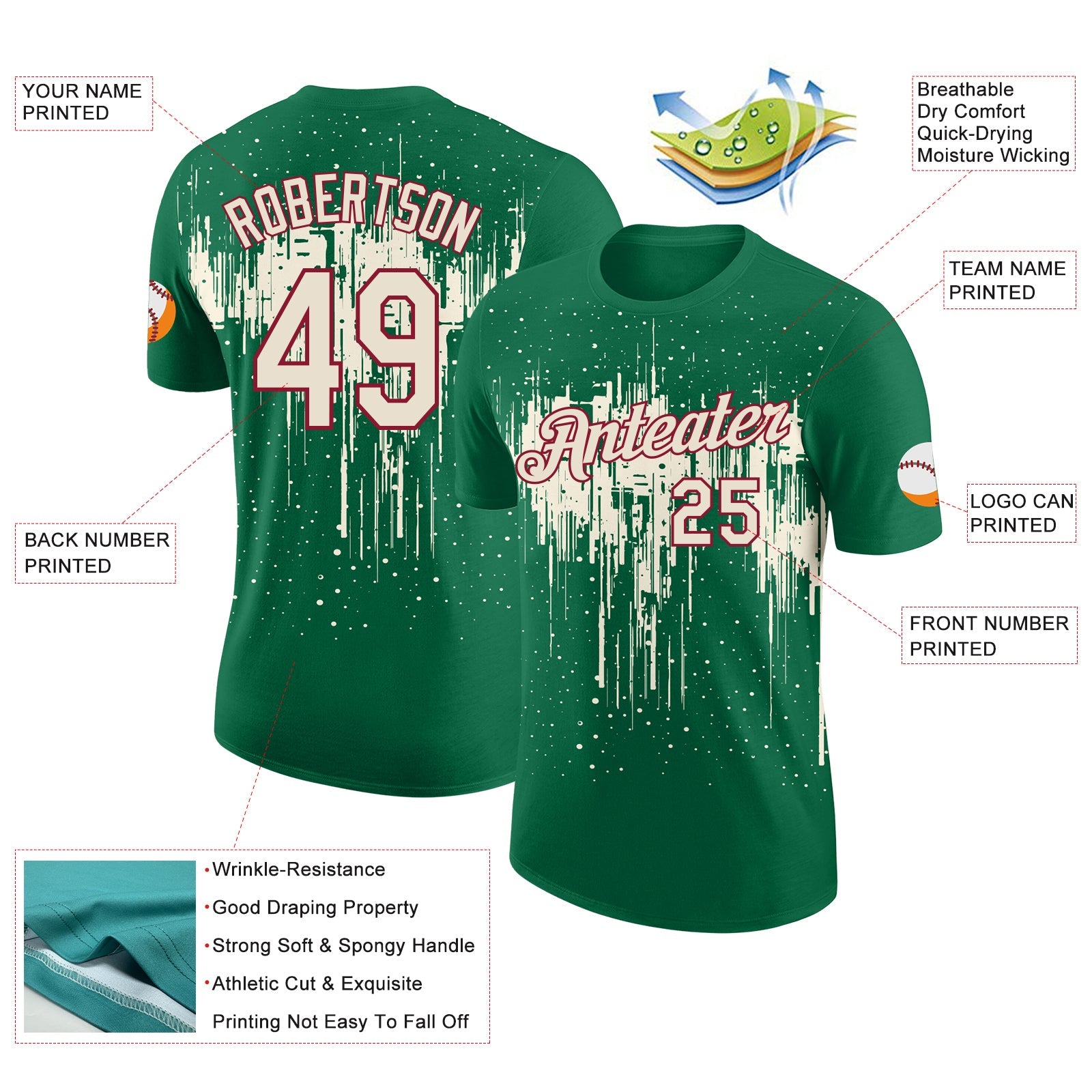 Custom Kelly Green Cream-Crimson Dripping Splatter Paint Performance T-Shirt view 2