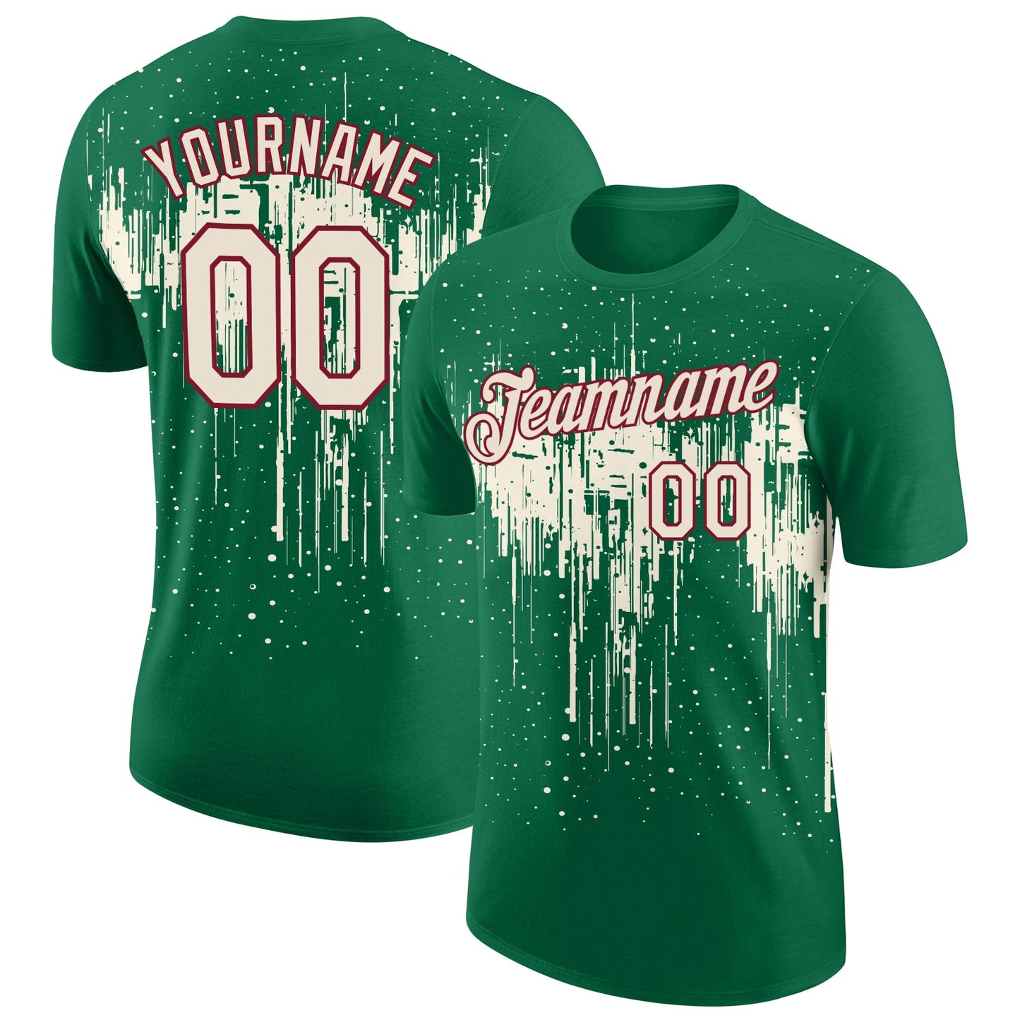 Custom Kelly Green Cream-Crimson Dripping Splatter Paint Performance T-Shirt - Main View