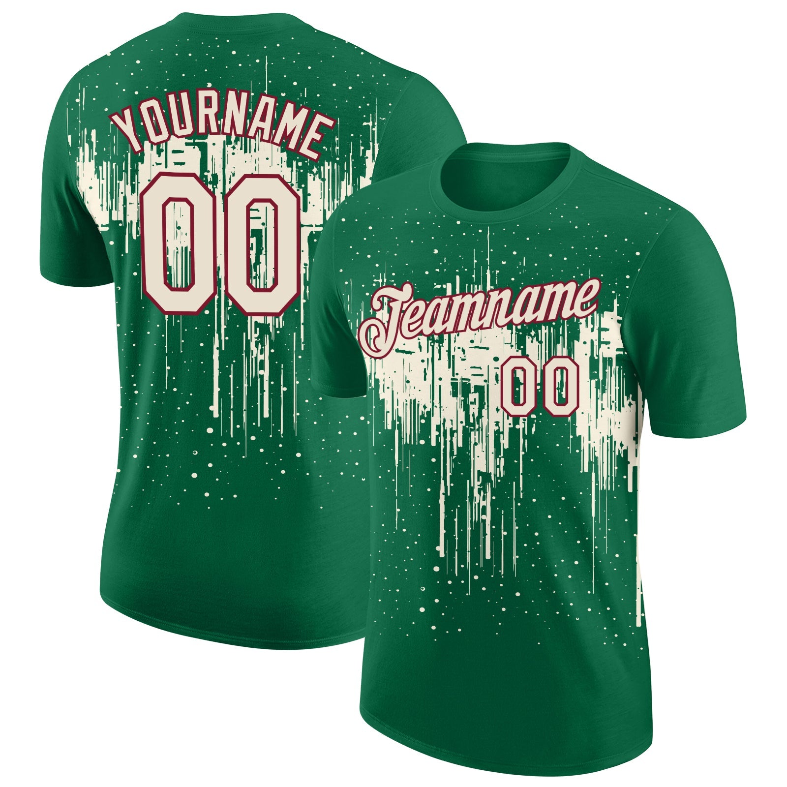 Custom Kelly Green Cream-Crimson Dripping Splatter Paint Performance T-Shirt - Main View
