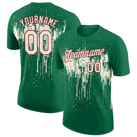 Custom Kelly Green Cream-Crimson Dripping Splatter Paint Performance T-Shirt - Main View