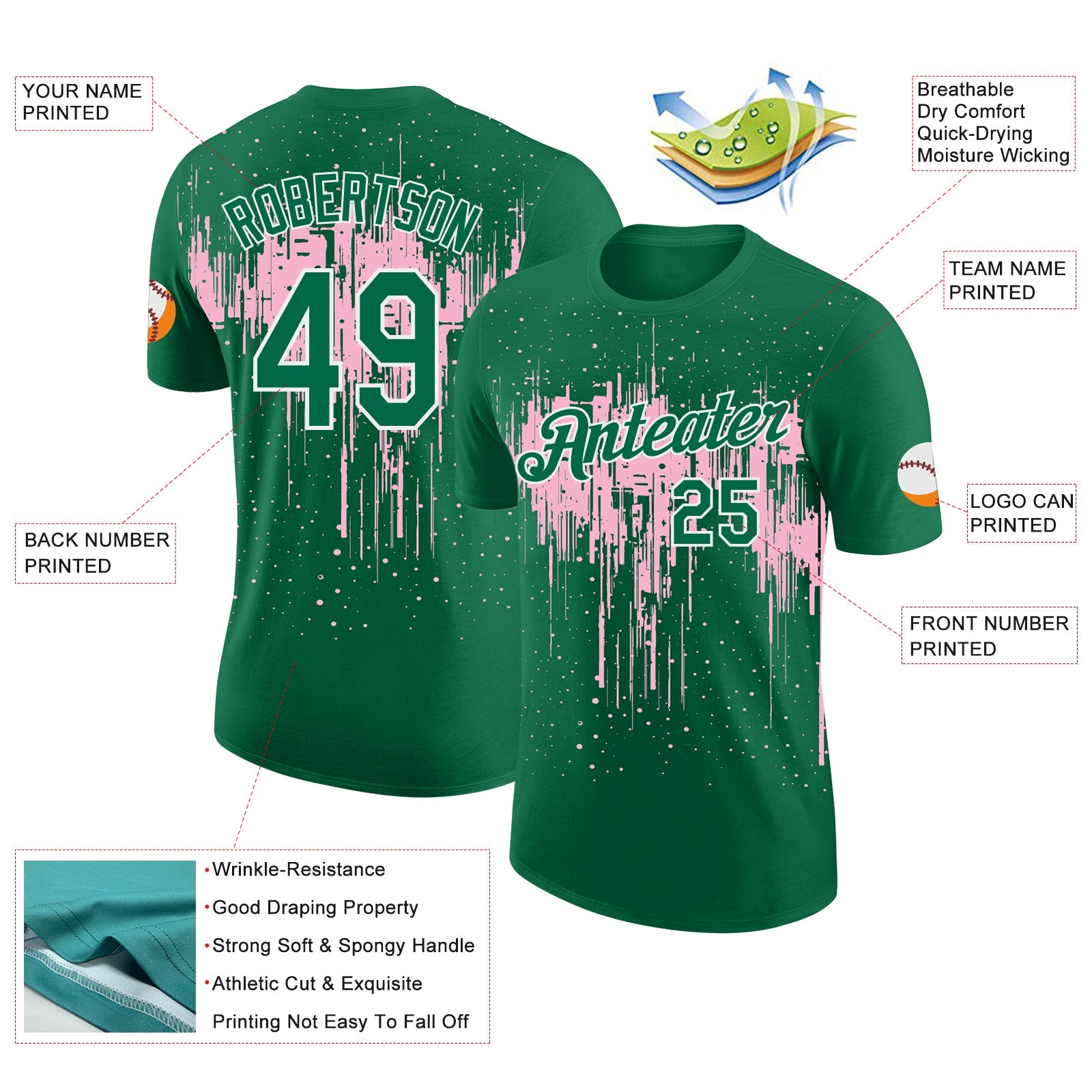 Custom Kelly Green Light Pink-White Dripping Splatter Paint Performance T-Shirt view 2