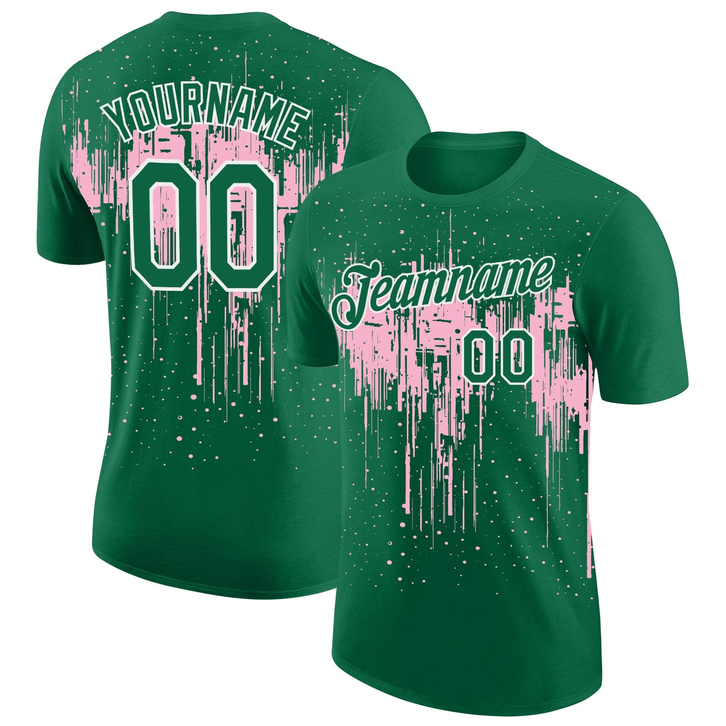 Custom Kelly Green Light Pink-White Dripping Splatter Paint Performance T-Shirt - Main View