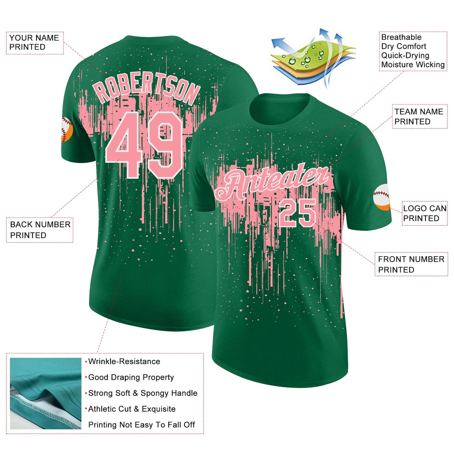 Custom Kelly Green Medium Pink-White Dripping Splatter Paint Performance T-Shirt view 2