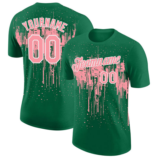 Custom Kelly Green Medium Pink-White Dripping Splatter Paint Performance T-Shirt - Main View