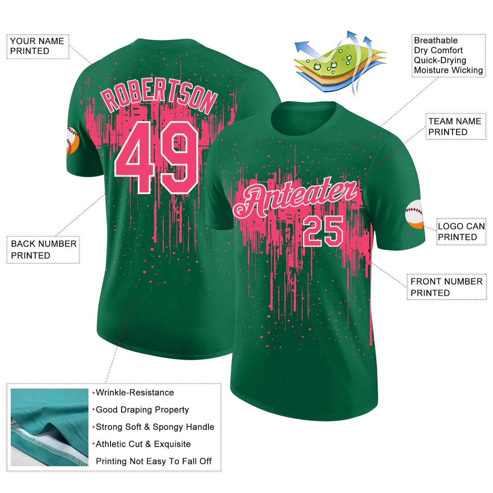 Custom Kelly Green Neon Pink-White Dripping Splatter Paint Performance T-Shirt view 2