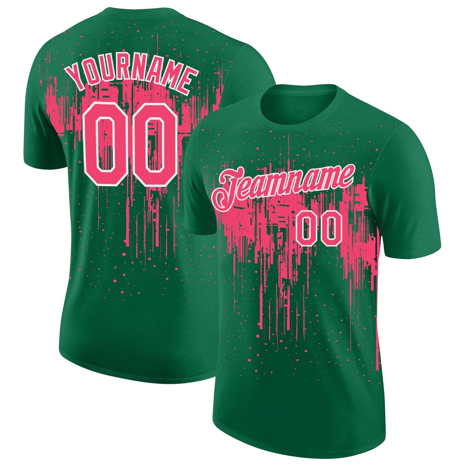 Custom Kelly Green Neon Pink-White Dripping Splatter Paint Performance T-Shirt - Main View
