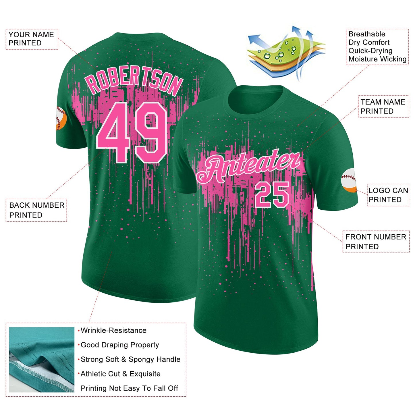 Custom Kelly Green Pink-White Dripping Splatter Paint Performance T-Shirt view 2
