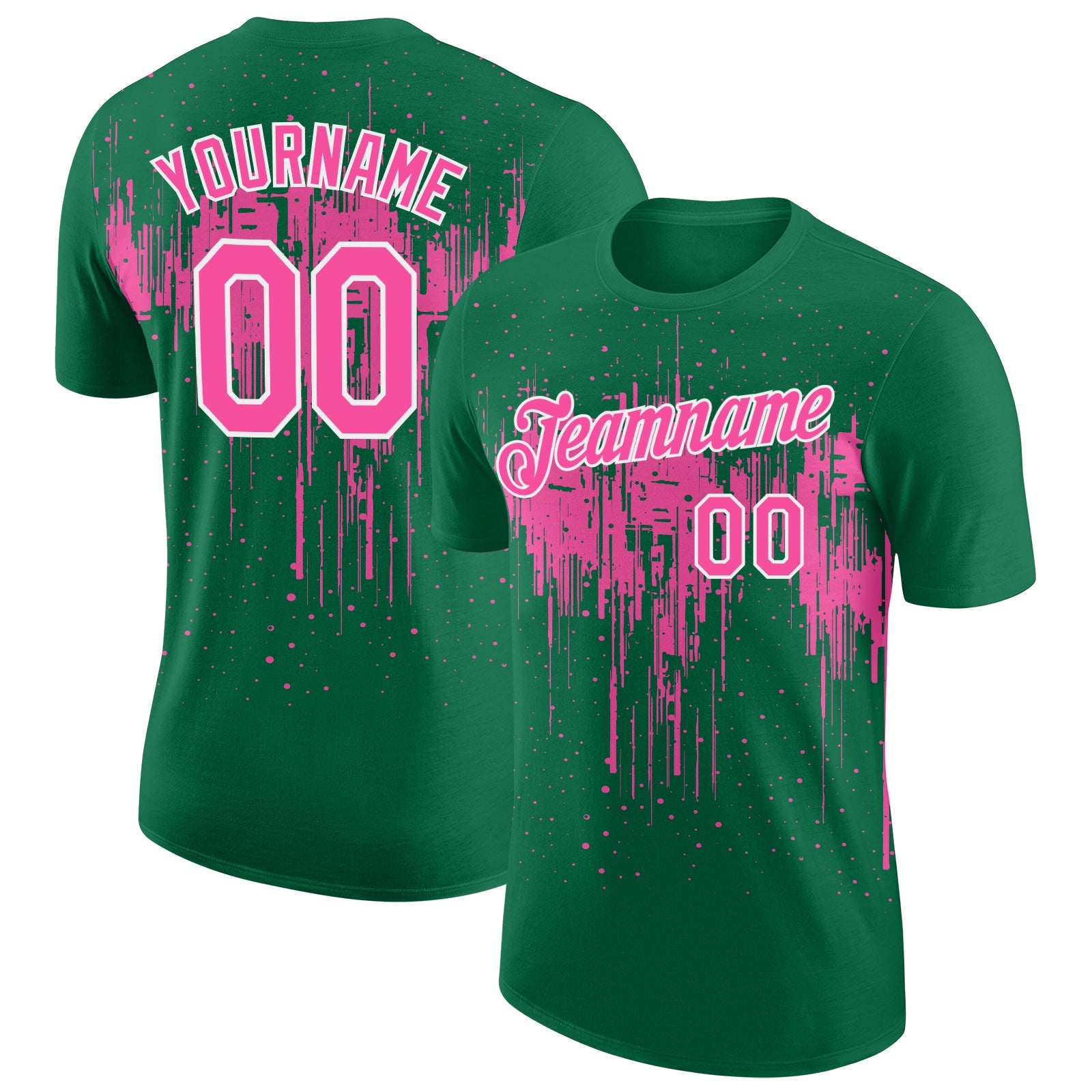Custom Kelly Green Pink-White Dripping Splatter Paint Performance T-Shirt - Main View