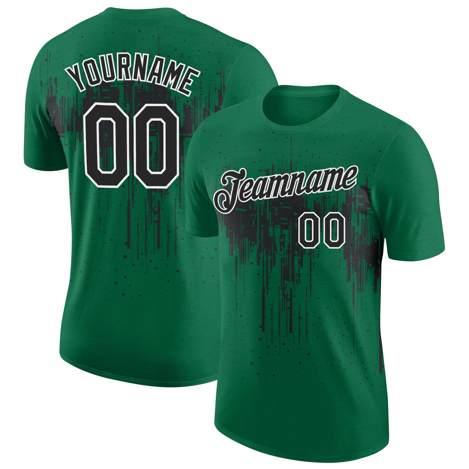 Custom Kelly Green Black-White Dripping Splatter Paint Performance T-Shirt - Main View