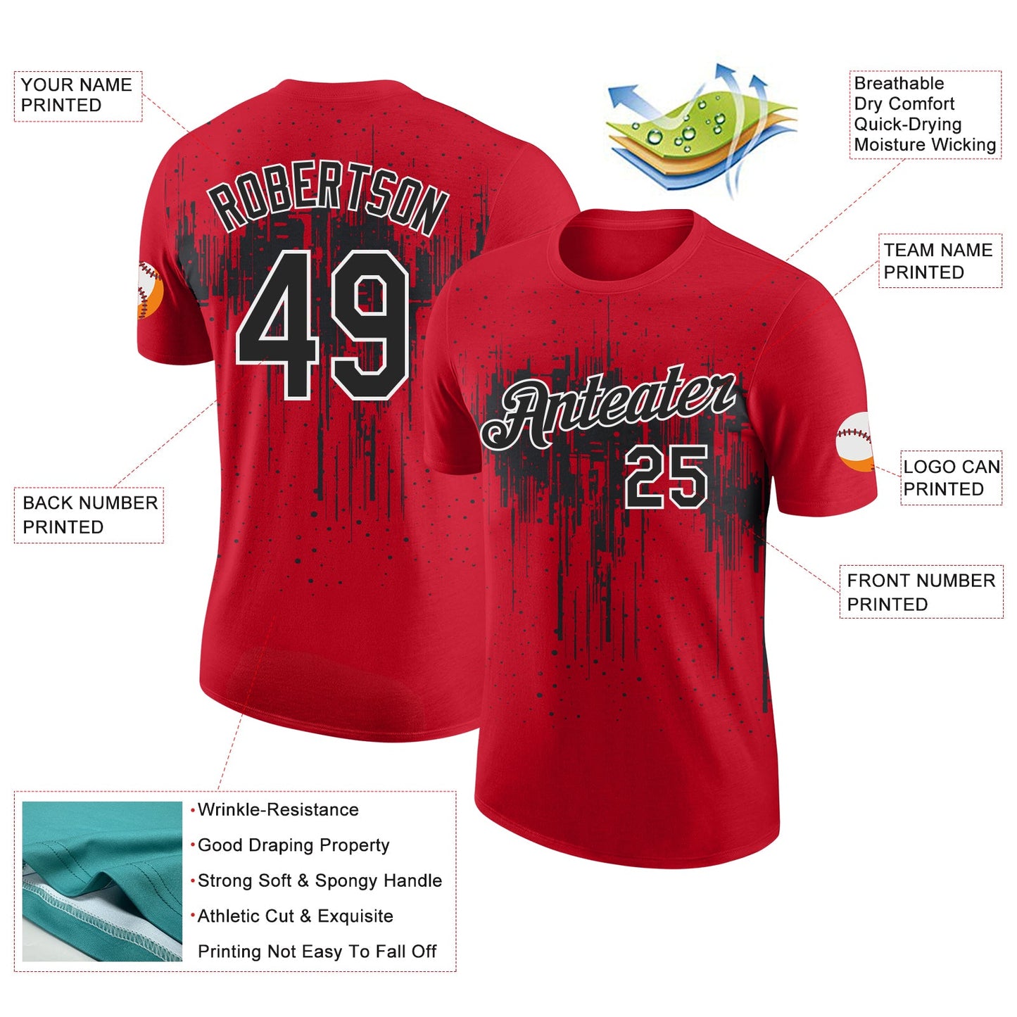 Custom Red Black-White Dripping Splatter Paint Performance T-Shirt view 2