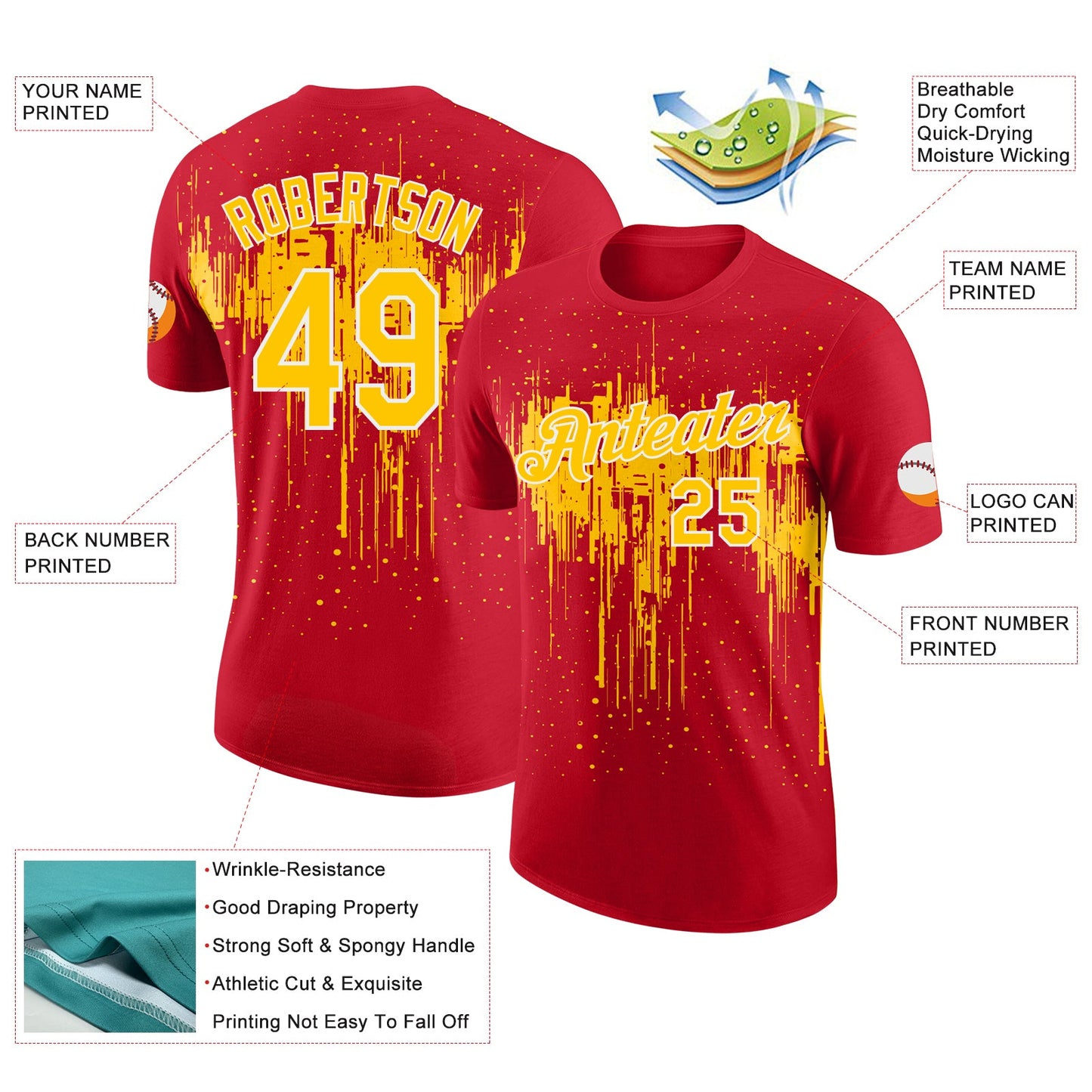 Custom Red Yellow-White Dripping Splatter Paint Performance T-Shirt view 2