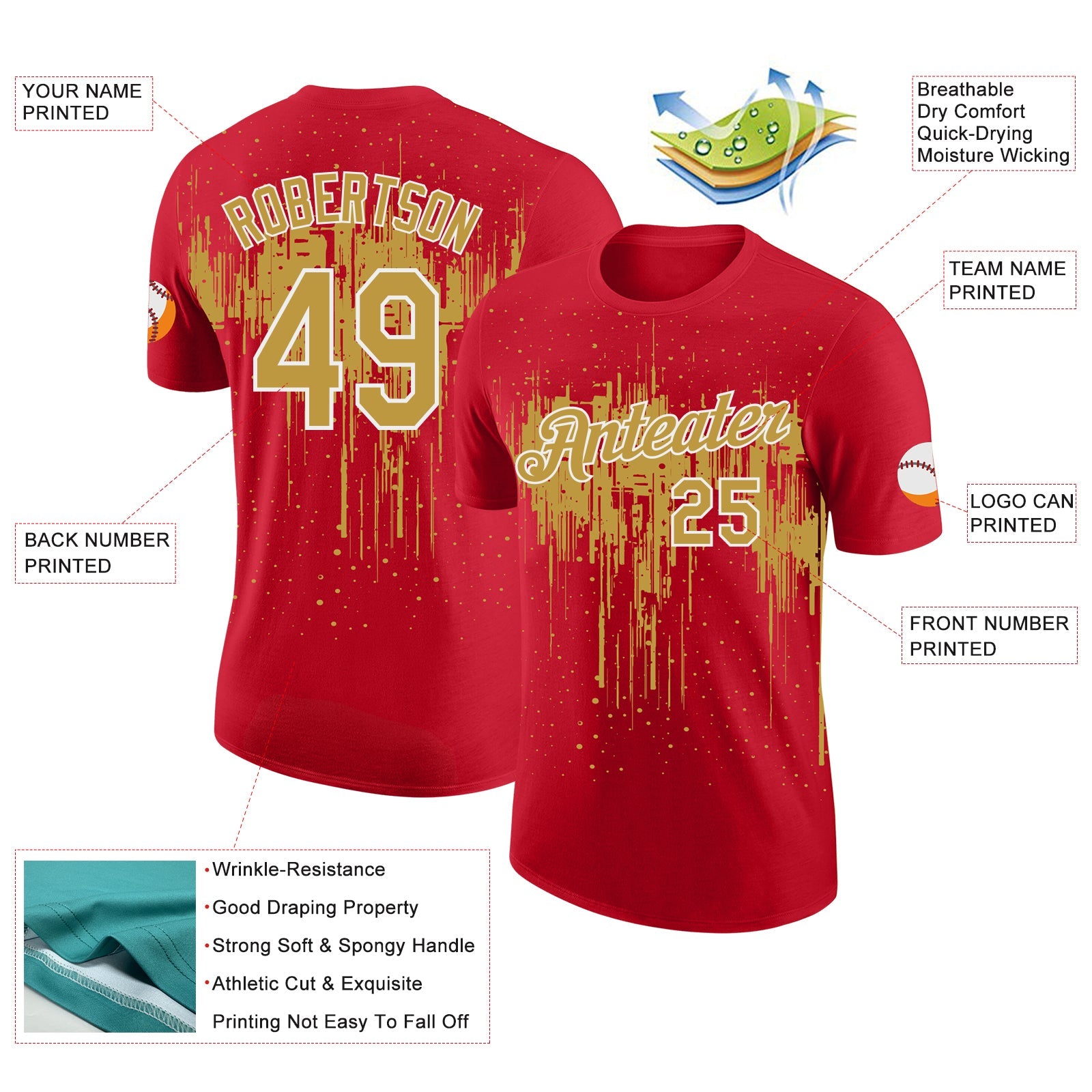 Custom Red Old Gold-White Dripping Splatter Paint Performance T-Shirt view 2