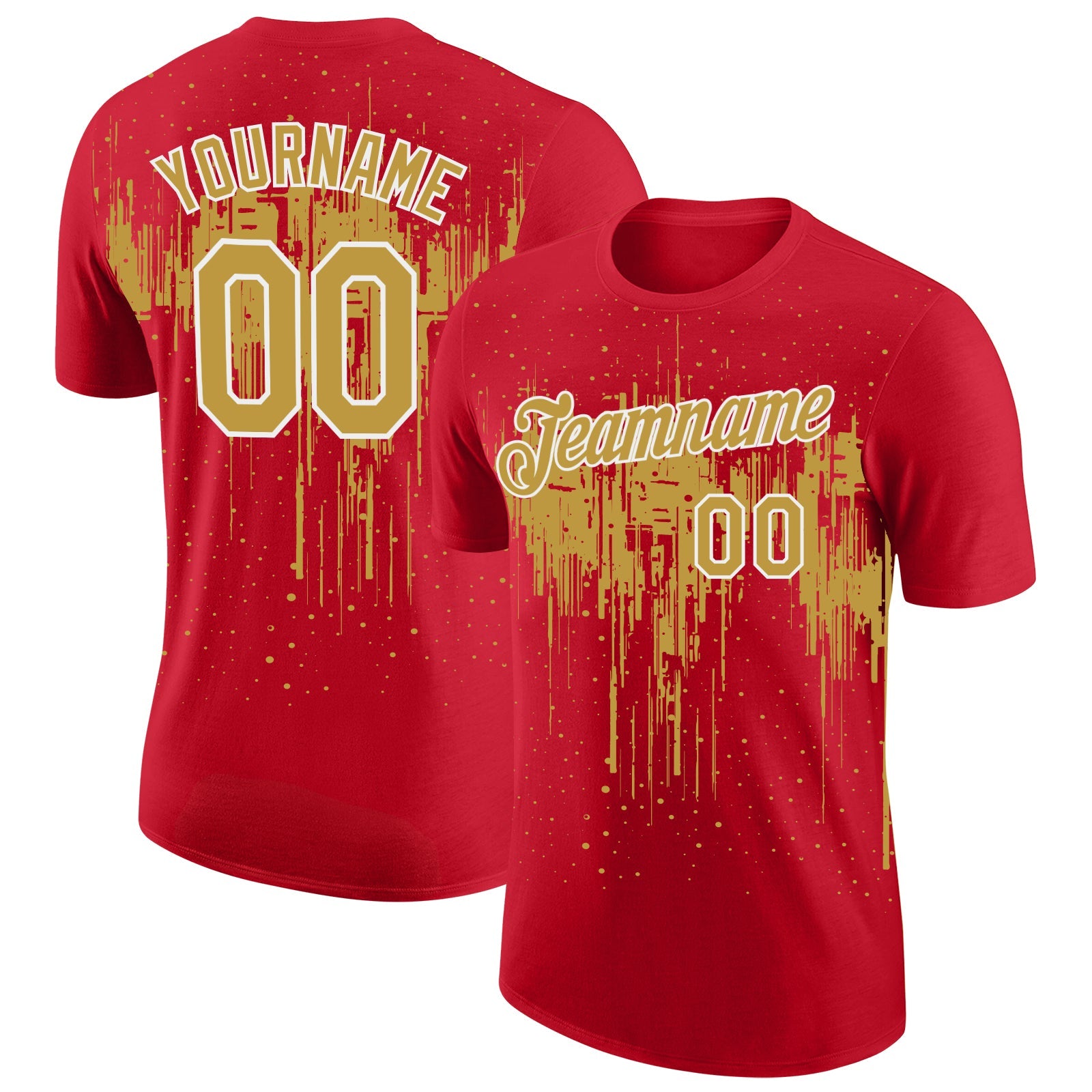Custom Red Old Gold-White Dripping Splatter Paint Performance T-Shirt - Main View