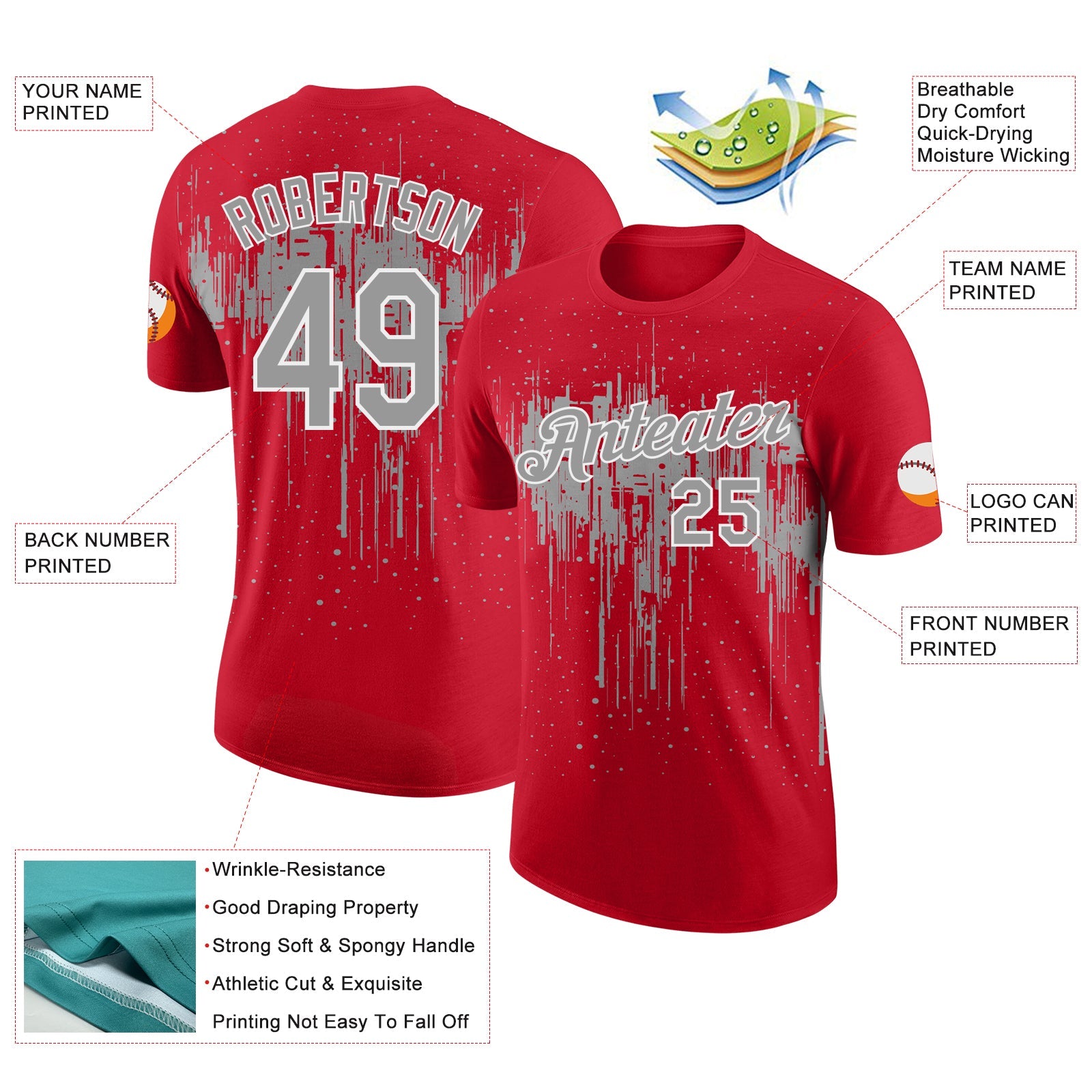 Custom Red Gray-White Dripping Splatter Paint Performance T-Shirt view 2