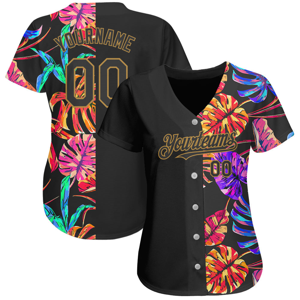 Custom Black Old Gold 3D Pattern Design Hawaii Tropical Palm Leaves Authentic Baseball Jersey view 2