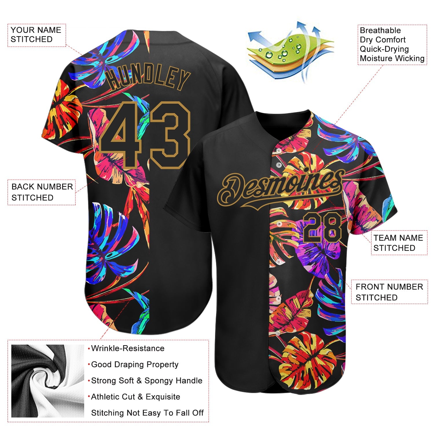 Custom Black Old Gold 3D Pattern Design Hawaii Tropical Palm Leaves Authentic Baseball Jersey view 3