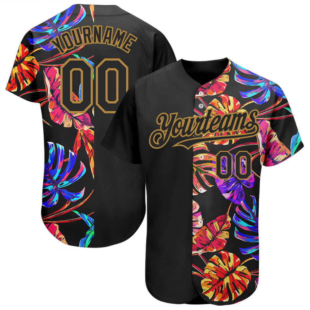 Custom Black Old Gold 3D Pattern Design Hawaii Tropical Palm Leaves Authentic Baseball Jersey - Main View