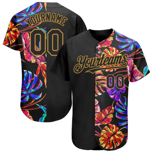 Custom Black Old Gold 3D Pattern Design Hawaii Tropical Palm Leaves Authentic Baseball Jersey - Main View