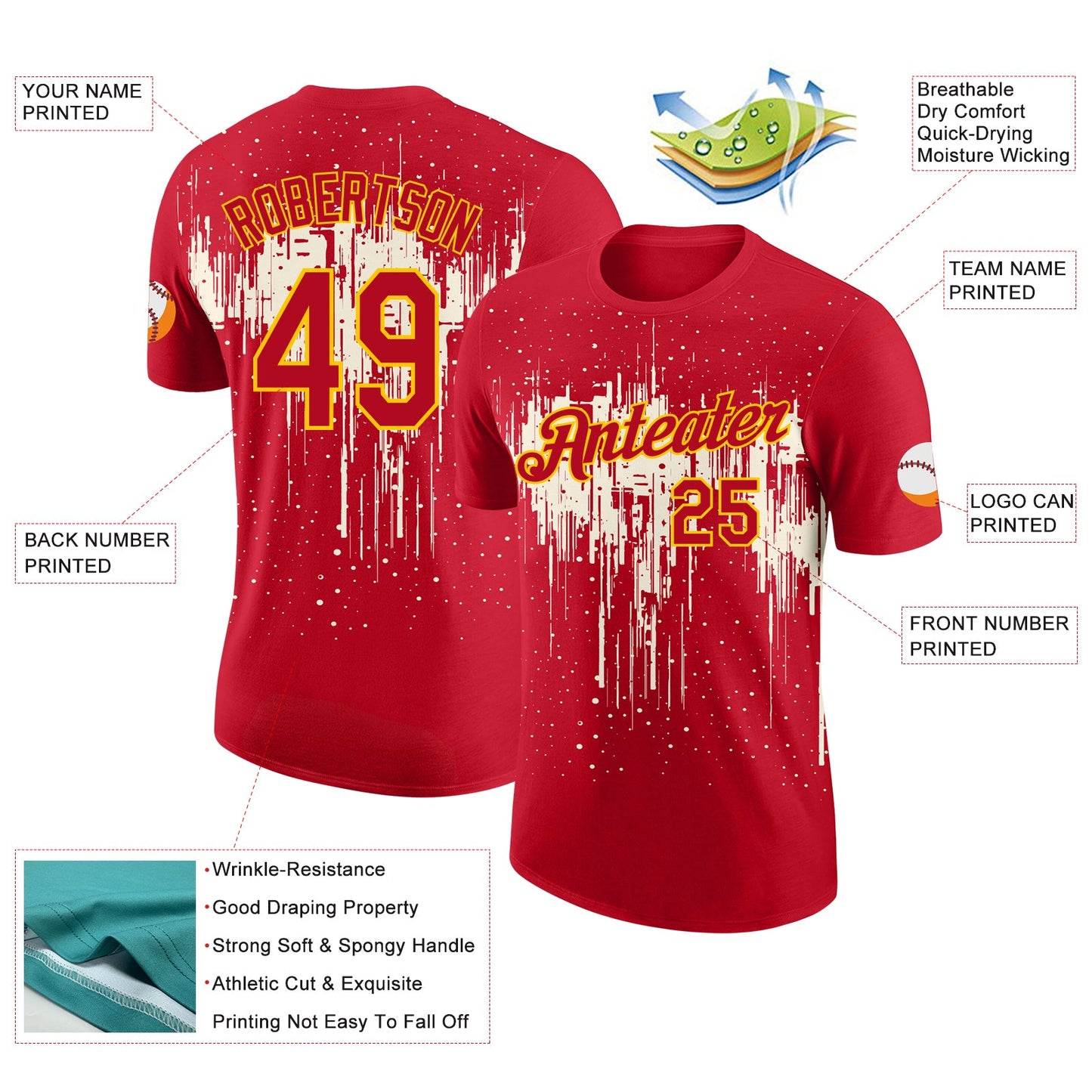 Custom Red Cream-Yellow Dripping Splatter Paint Performance T-Shirt view 2