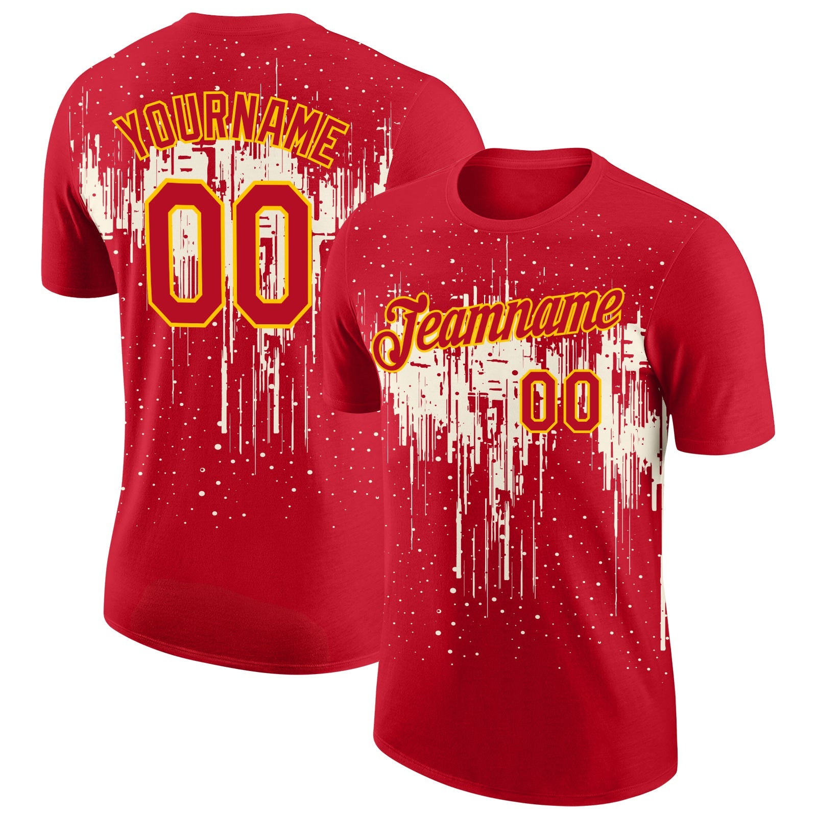 Custom Red Cream-Yellow Dripping Splatter Paint Performance T-Shirt - Main View