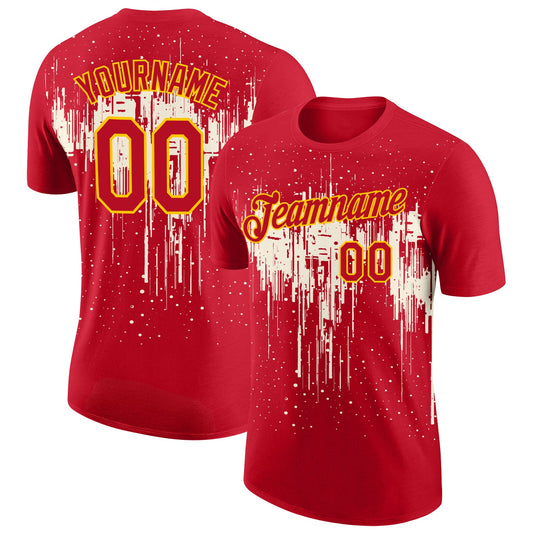 Custom Red Cream-Yellow Dripping Splatter Paint Performance T-Shirt - Main View