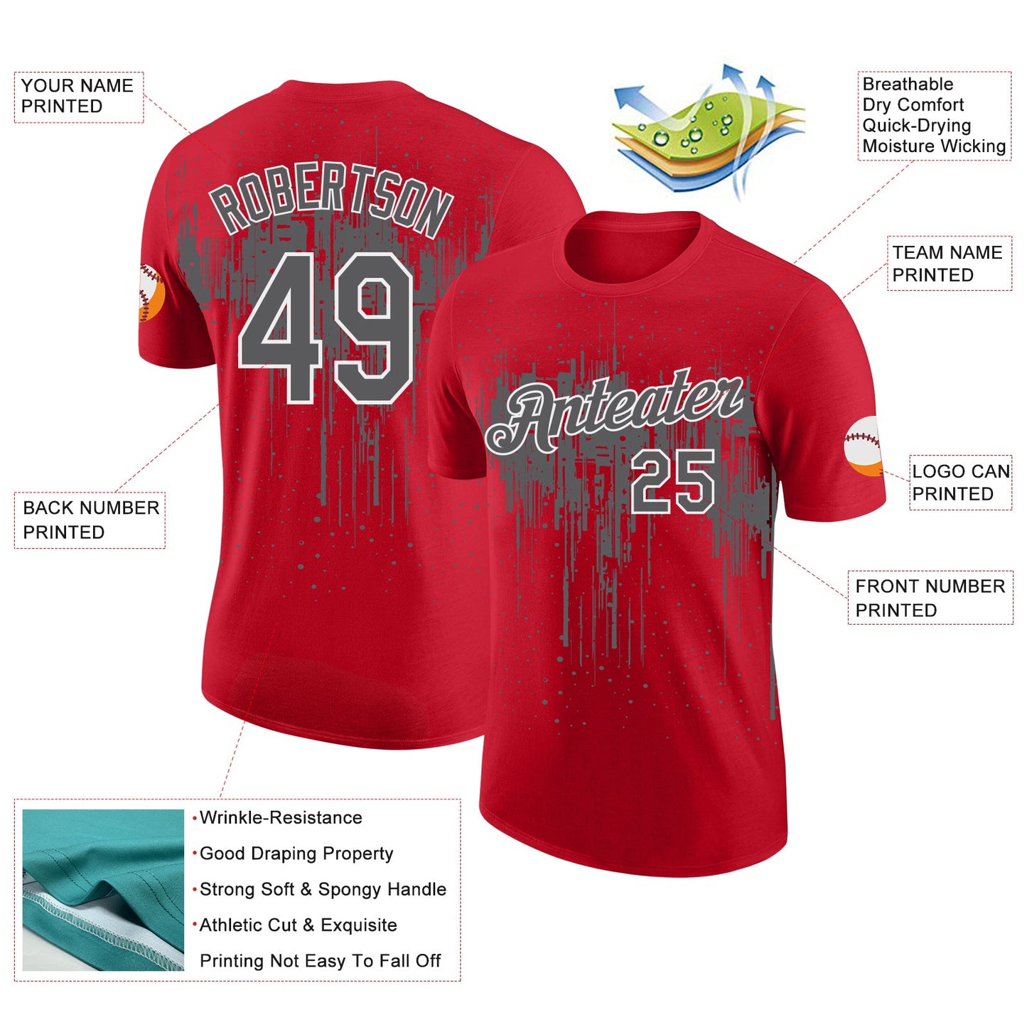 Custom Red Steel Gray-White Dripping Splatter Paint Performance T-Shirt view 2