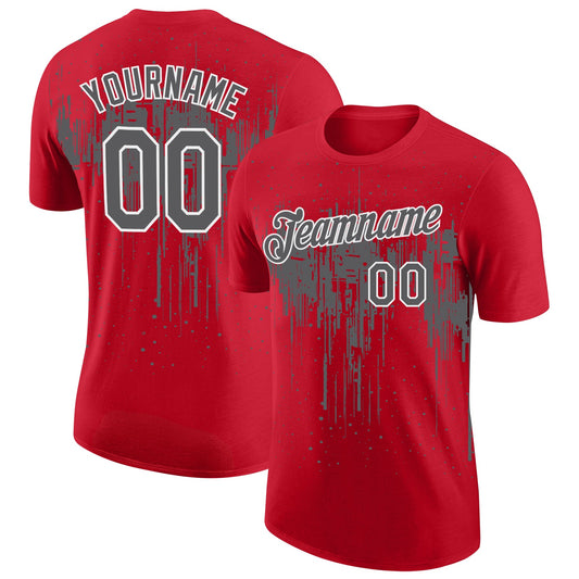 Custom Red Steel Gray-White Dripping Splatter Paint Performance T-Shirt - Main View