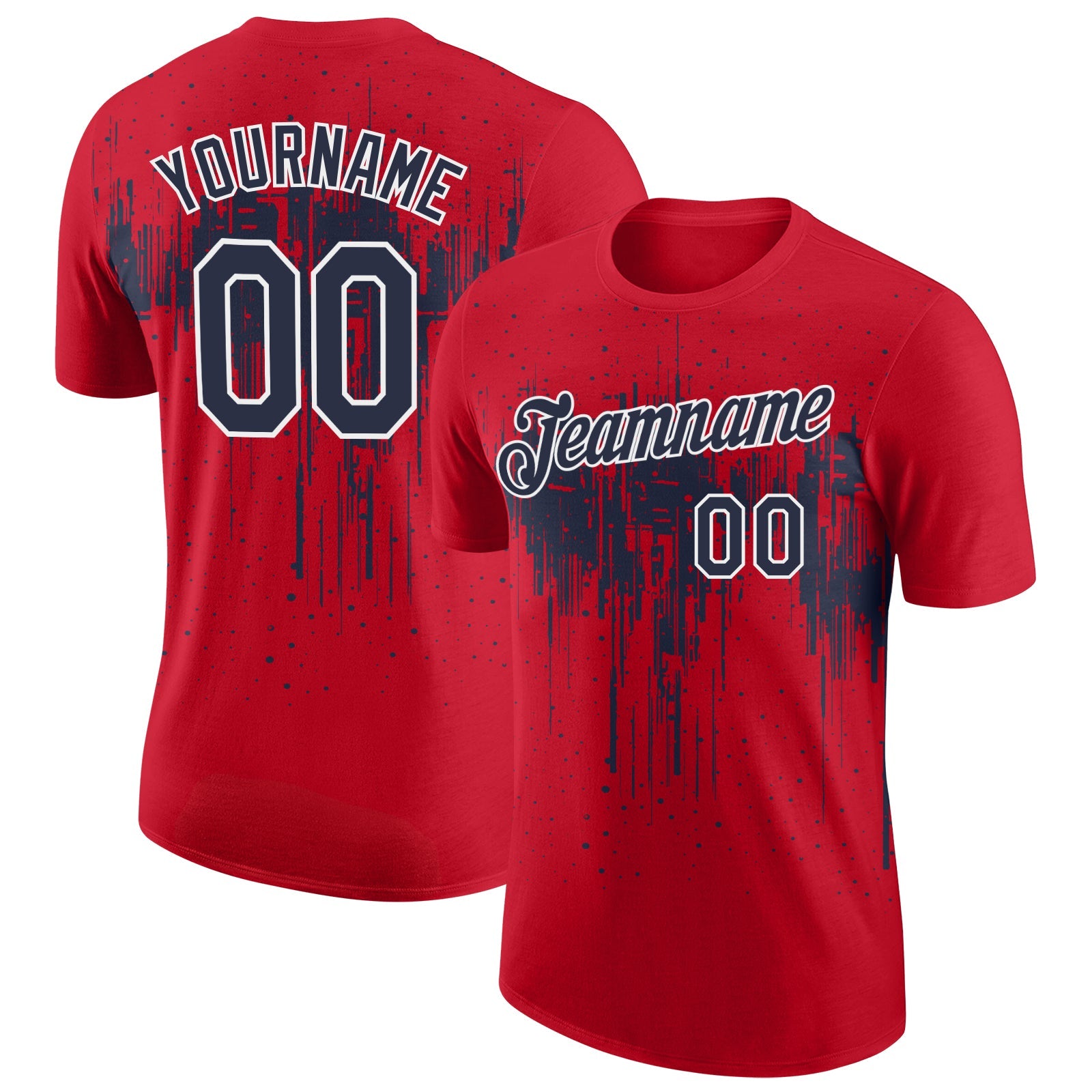 Custom Red Navy-White Dripping Splatter Paint Performance T-Shirt - Main View