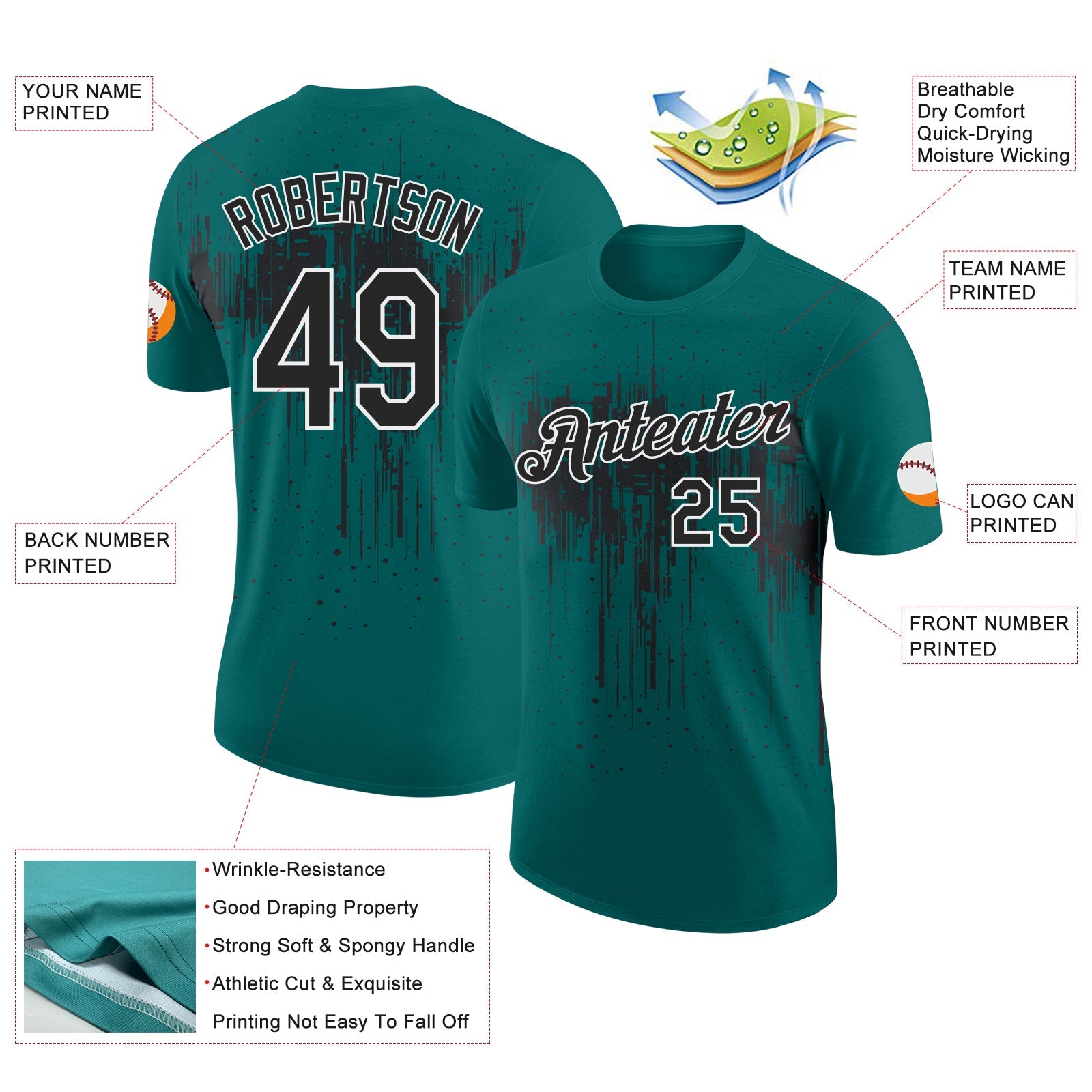 Custom Teal Black-White Dripping Splatter Paint Performance T-Shirt view 2