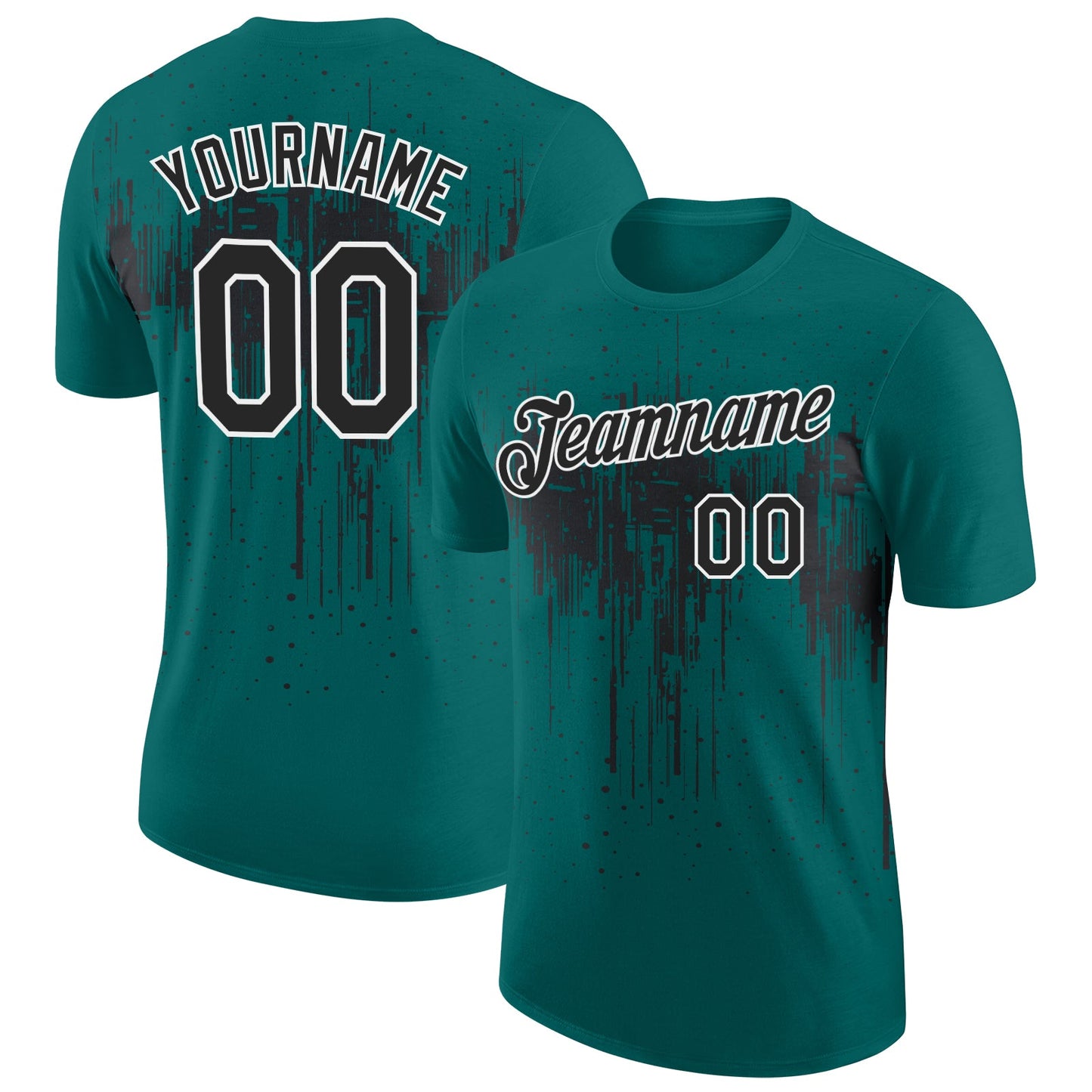 Custom Teal Black-White Dripping Splatter Paint Performance T-Shirt - Main View