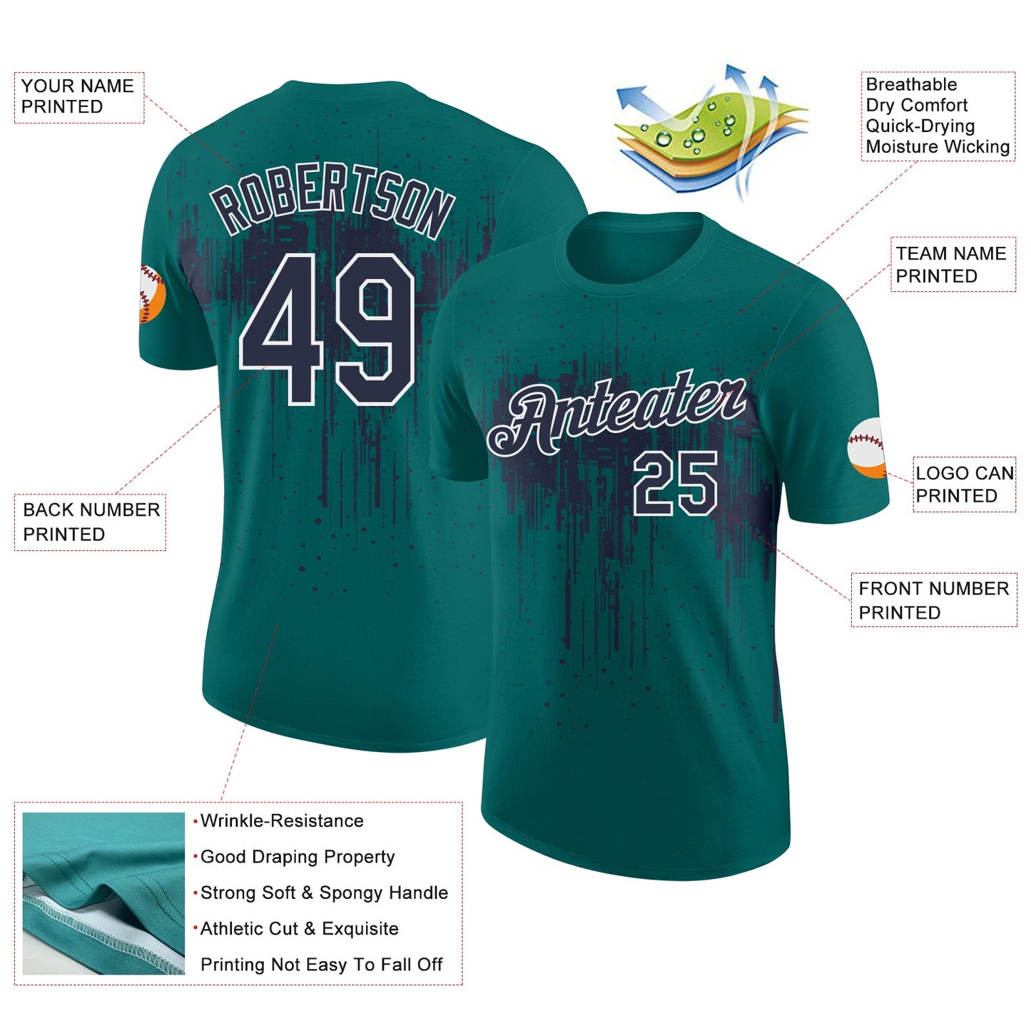 Custom Teal Navy-White Dripping Splatter Paint Performance T-Shirt view 2