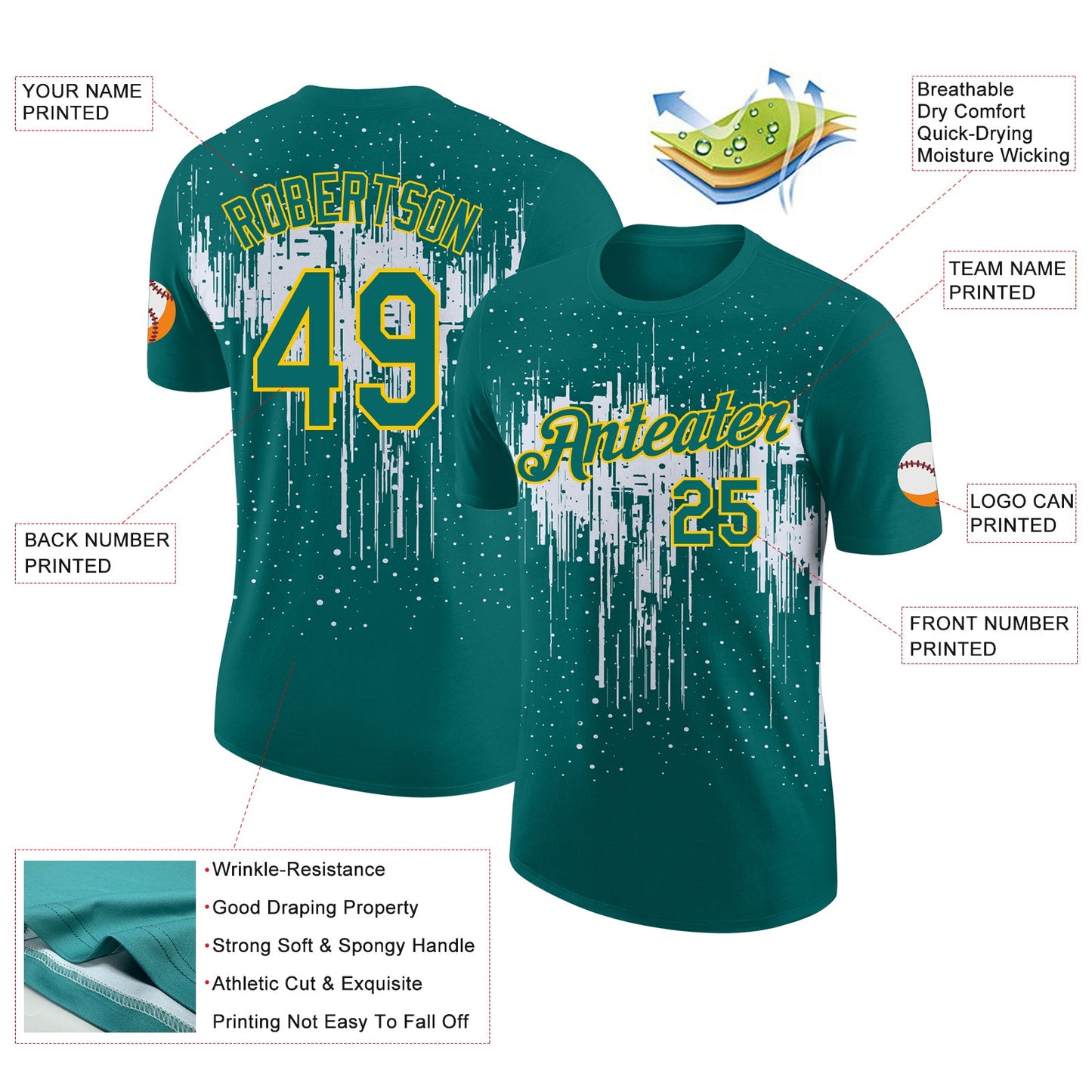 Custom Teal White-Yellow Dripping Splatter Paint Performance T-Shirt view 2