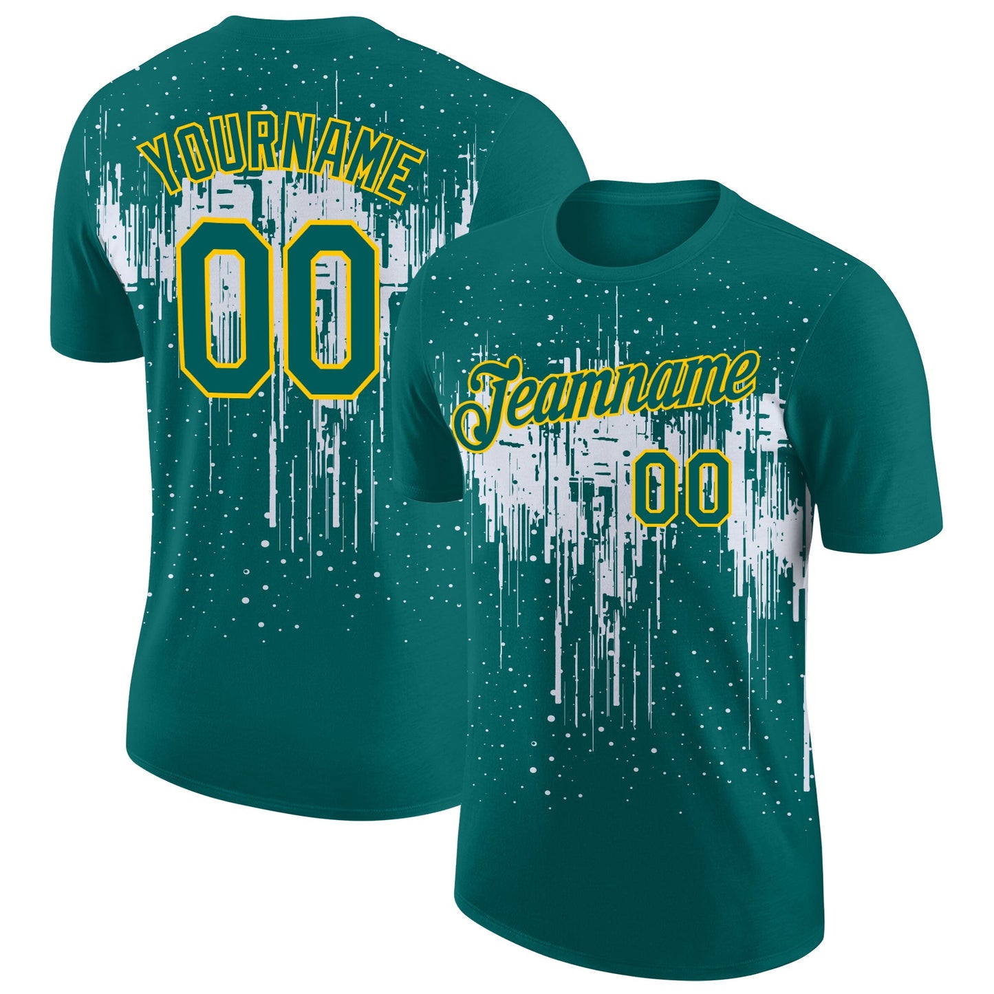 Custom Teal White-Yellow Dripping Splatter Paint Performance T-Shirt - Main View