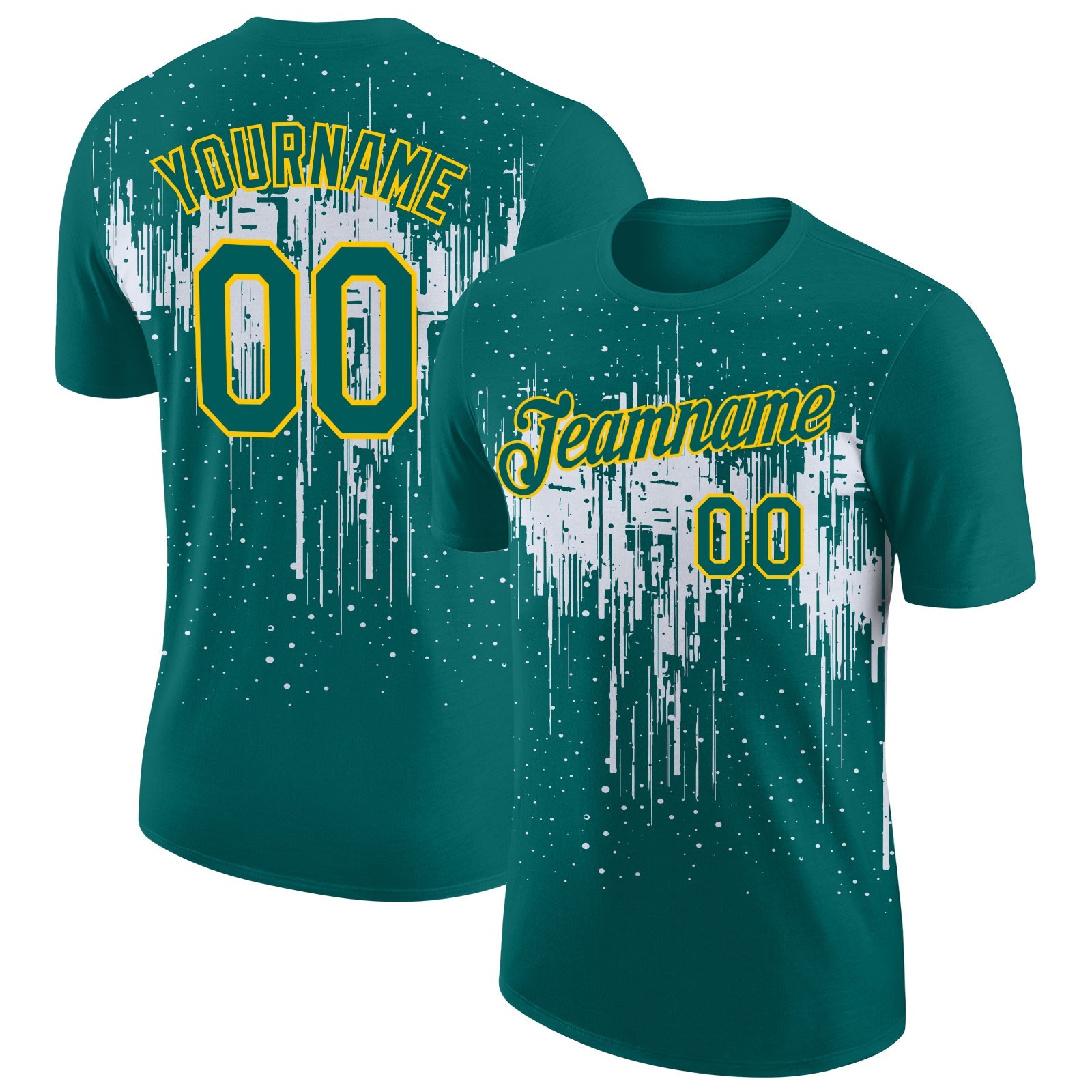 Custom Teal White-Yellow Dripping Splatter Paint Performance T-Shirt - Main View