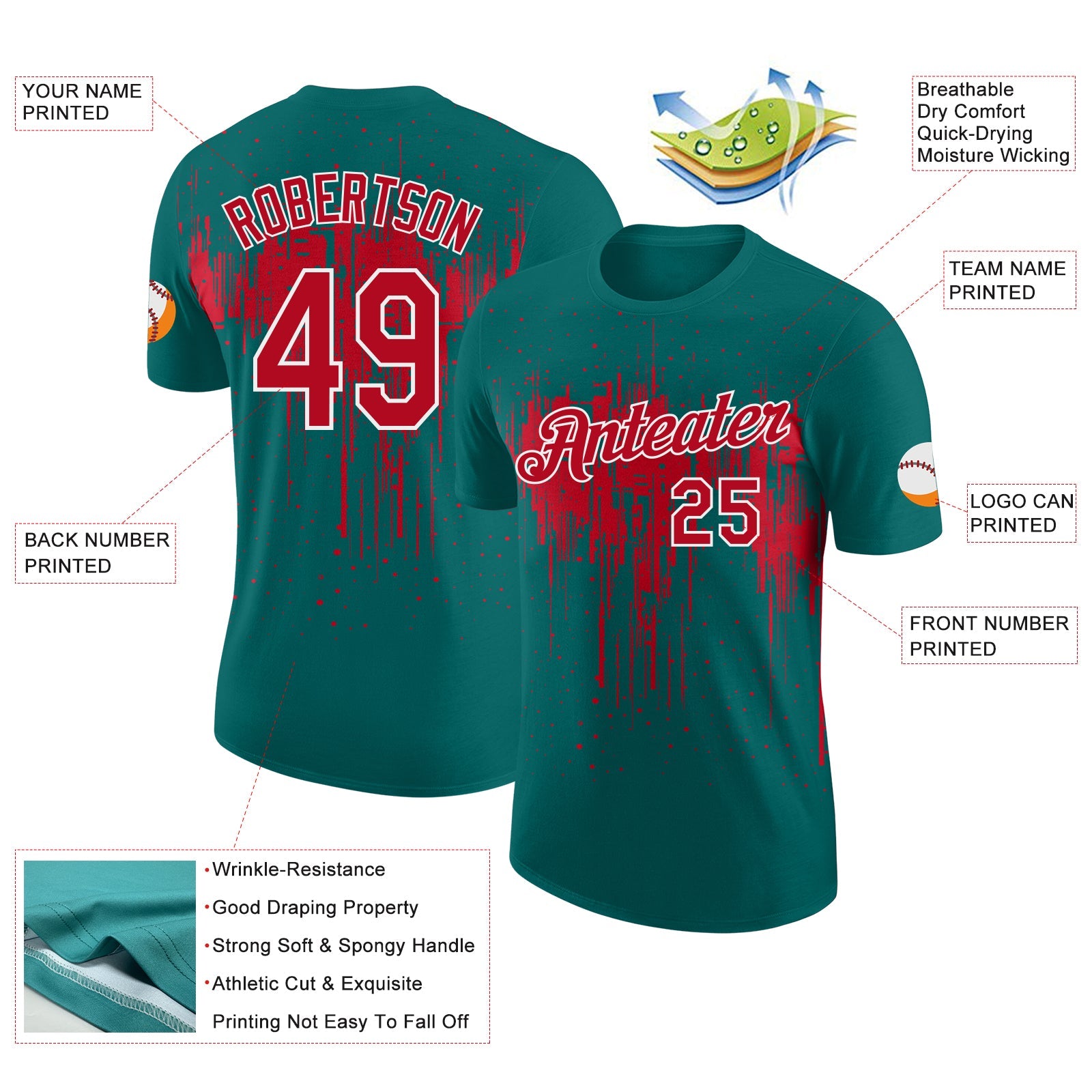 Custom Teal Red-White Dripping Splatter Paint Performance T-Shirt view 2