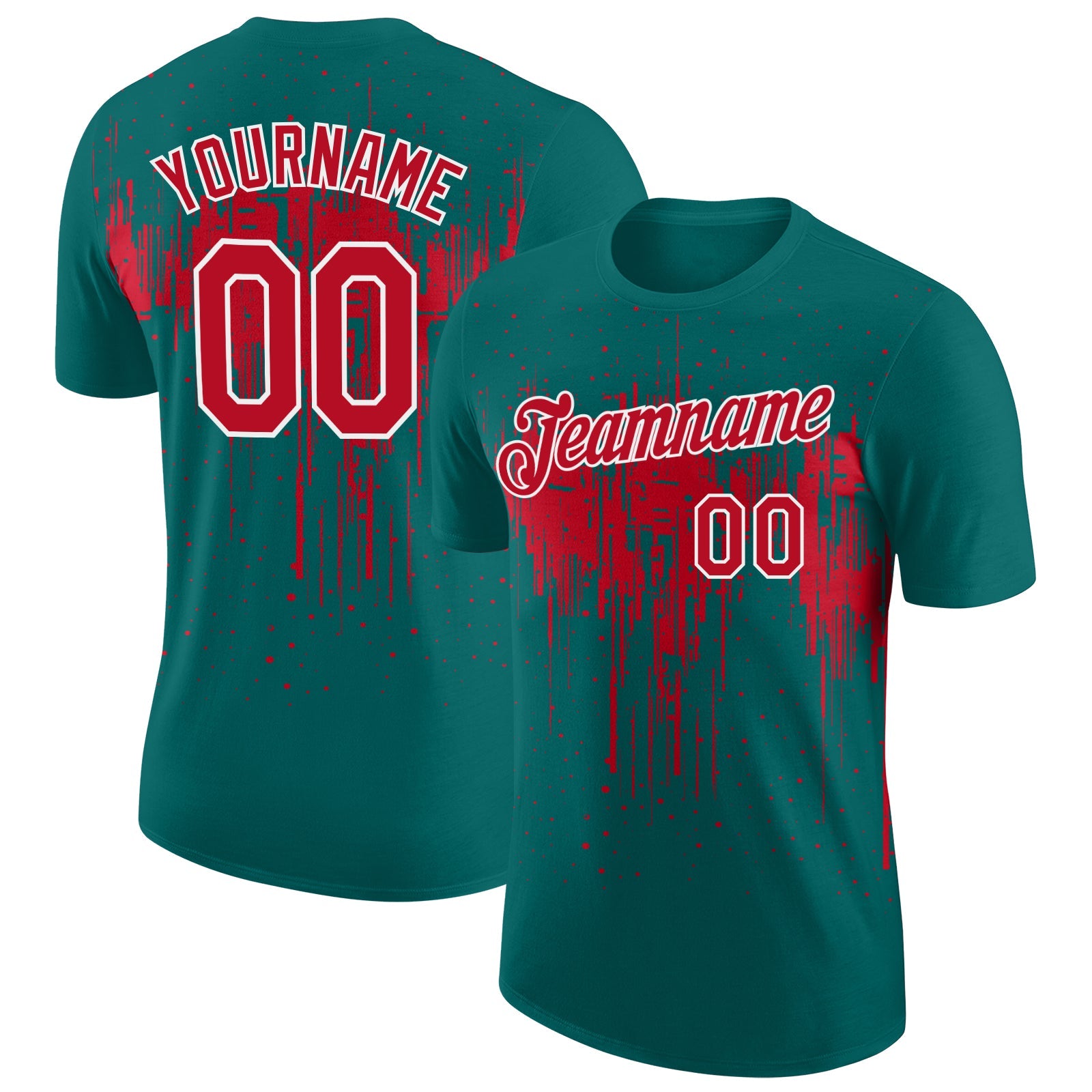 Custom Teal Red-White Dripping Splatter Paint Performance T-Shirt - Main View