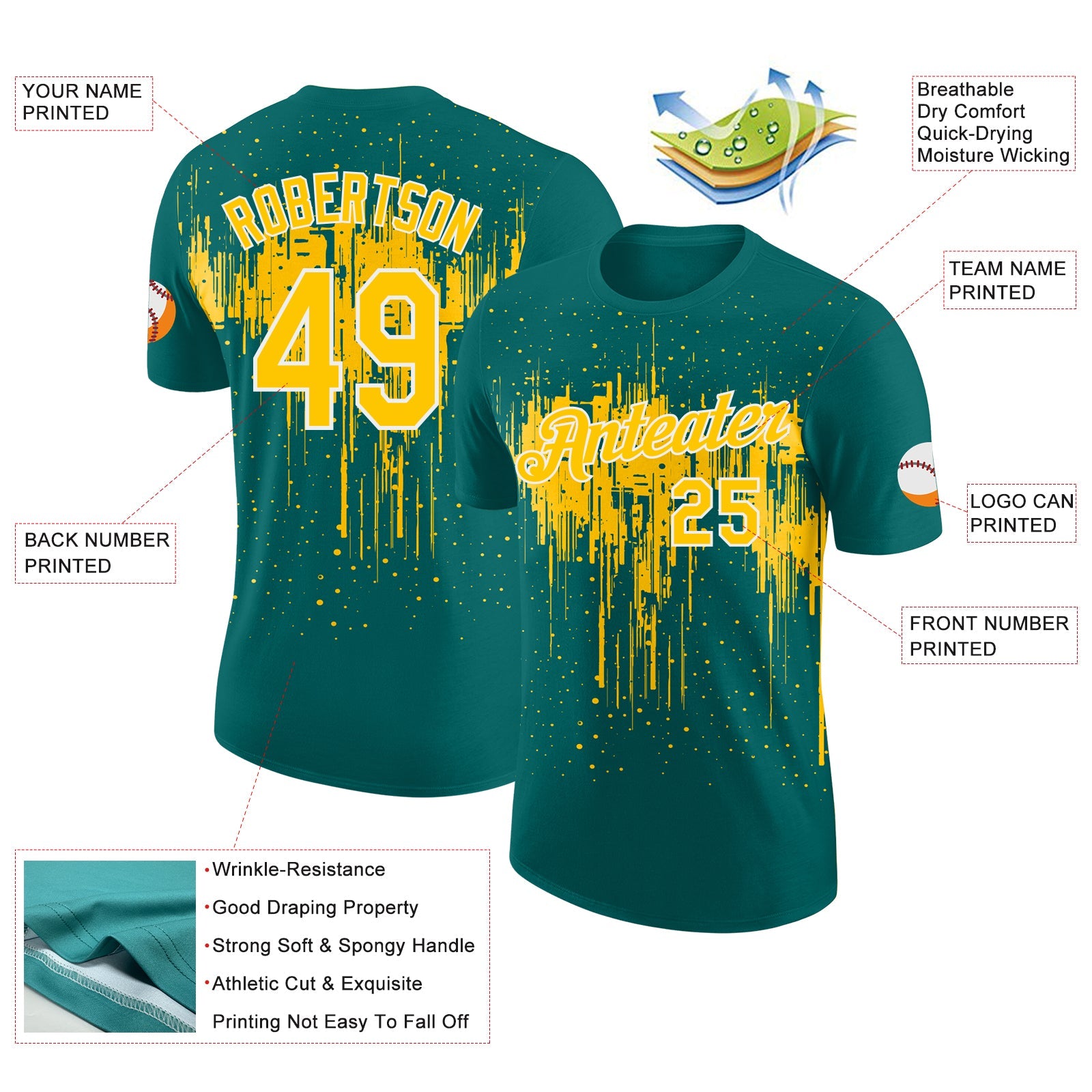 Custom Teal Yellow-White Dripping Splatter Paint Performance T-Shirt view 2
