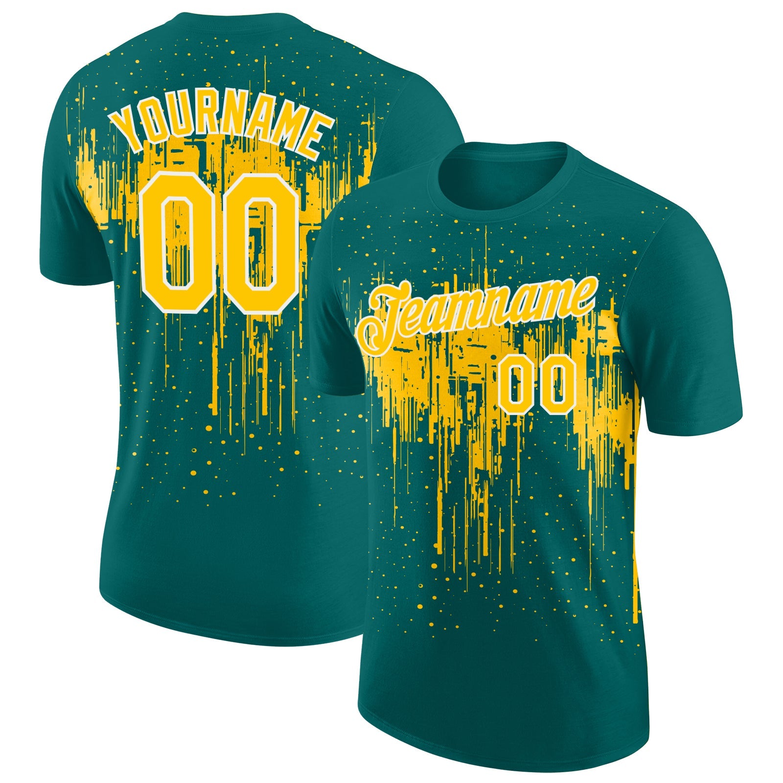 Custom Teal Yellow-White Dripping Splatter Paint Performance T-Shirt - Main View